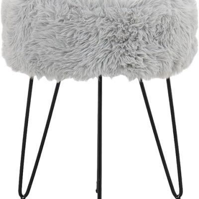 Sgabello Peloso Alaska Grigio 35x35x43 cm, pouf pelliccia finta per postazione trucco camera ragazza, Pouf peloso make up, Poggiapiedi, Pouf letto Vanity (LAY 59893)